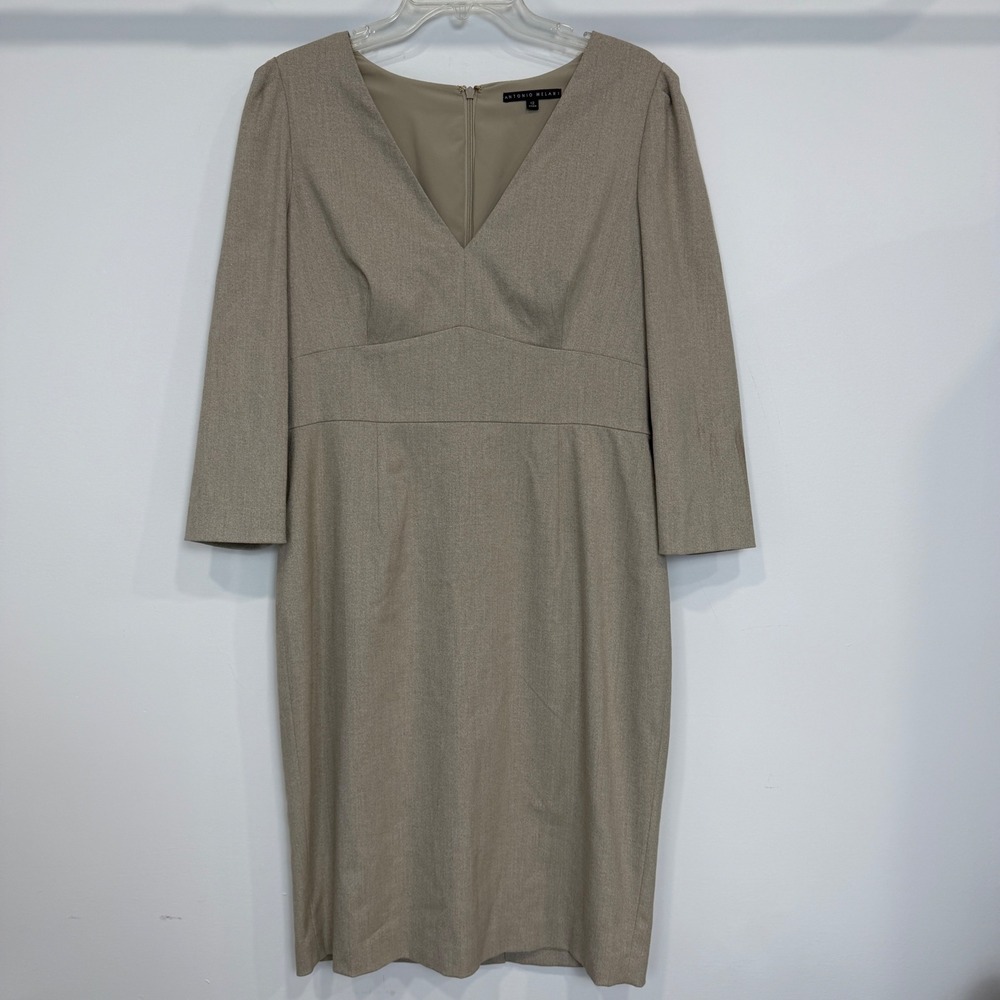 Antonio Melani V-Neck Sheath Dress 3/4 Sleeve 12 Business Workwear Quiet Luxury